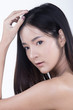 © Jade - Clean Skin Woman straight black hair with Smooth pose open shoulder smile