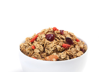 Wall Mural - Close up Granola on white bowl isolated on white background.