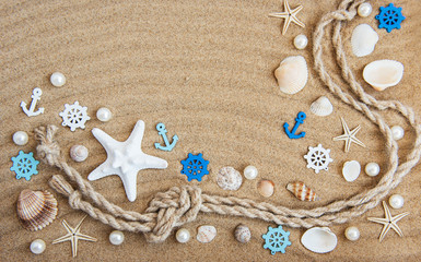 Seashells and sea decorations with rope