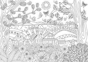 Wall Mural - summer rustic landscape for your coloring book