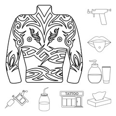 Wall Mural - Tattoo, drawing on the body outline icons in set collection for design. Tattoo salon and equipment vector symbol stock web illustration.