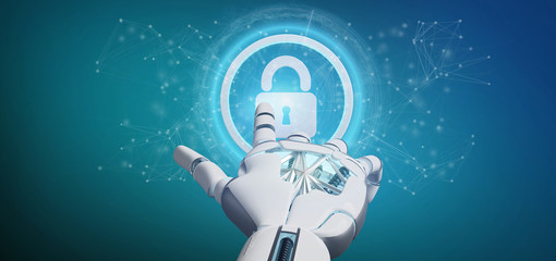 Poster - Cyborg hand holding a Technology security icon on a circle 3d rendering