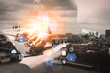 Double exposure,StartUp Programming Team. Website designer working digital tablet dock keyboard and computer laptop with smart phone and compact server