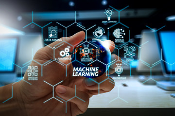 Machine learning technology diagram with artificial intelligence (AI),neural network,automation,data mining in VR screen.hand showing the earth.Elements of this image furnished by NASA