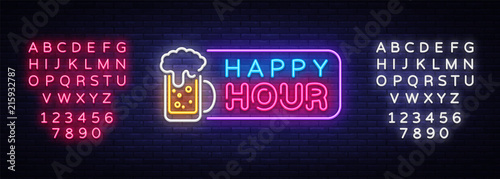 Cuadros en Lienzo Happy Hour neon banner vector design template