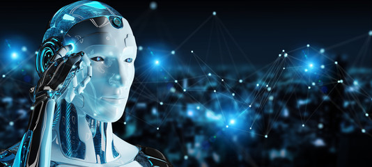 Poster - white man robot using digital network connection 3d rendering