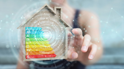 Wall Mural - businesswoman using 3d rendering energy rating chart in a wooden house