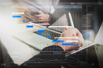 Poster - Business team meeting present. Photo professional investor working with new startup project. Finance managers meeting.Digital tablet laptop computer design smart phone using.Sun flare effect