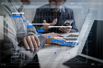 Poster - Business team meeting. Photo professional investor working new start up project. Finance task.Digital tablet docking keyboard laptop computer smart phone using, filter film effect