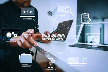 businessman working with smart phone and digital tablet and laptop computer in modern office