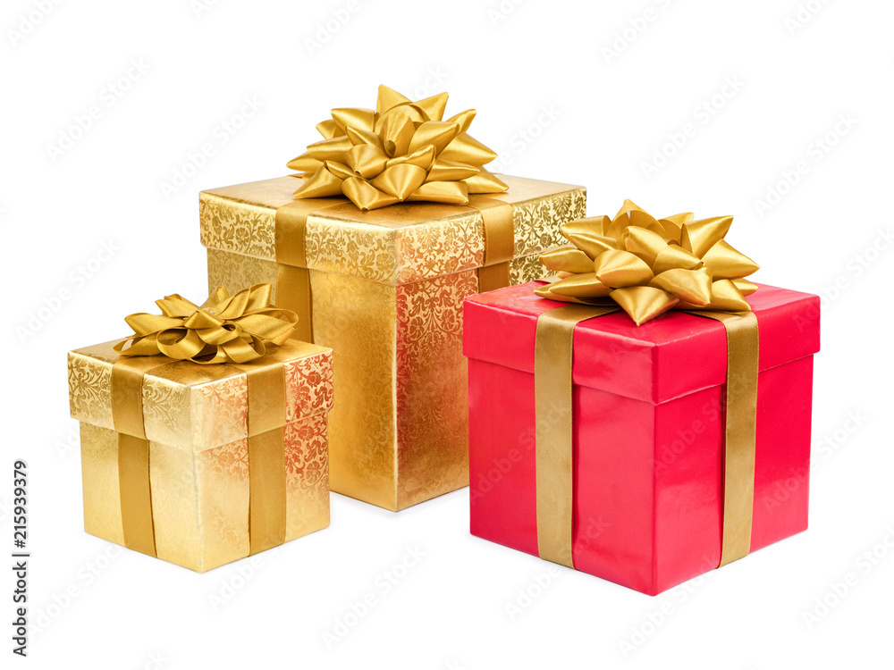 Obraz na płótnie Gold and red gift boxes on white background w salonie
