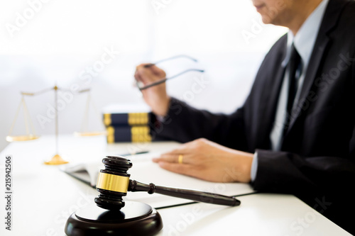 Fotografie, Tablou gavel and soundblock of justice law and lawyer working on wooden desk background