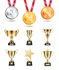Wall Mural - medals for competition, golden cups and awards set
