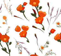 Wall Mural - White seamless pattern with red poppies.