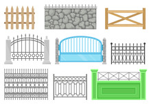 Fences Of Different Structures And Materials Set, Protective Barrier For Farm, House, Garden, Park Vector Illustrations On A White Background