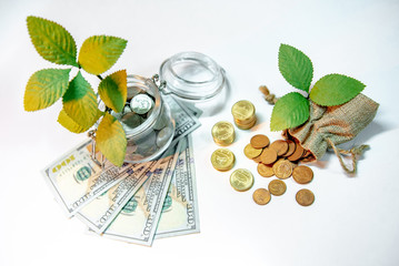 Saving money for future concept. Green plant growing out of coins in currency glass jar with dollar banknotes, gold coins stacked and spilling out of money bag on white table