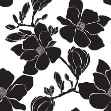 Seamless Pattern With Magnolia Branches On A White Background. Monochrome Vector Illustration. Silhouettes.