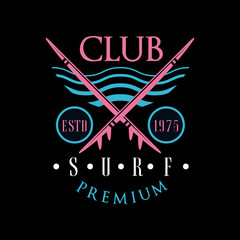 Poster - Surf club premium logo estd 1975, design element can be used for surfing club, shop, t shirt print, emblem, badge, label, flyer, banner, poster vector Illustration