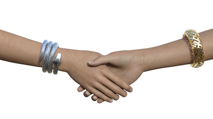 Two hands in a handshake gesture with silver snake and golden maze bracelets. Horizontal 3d render isolated on white.