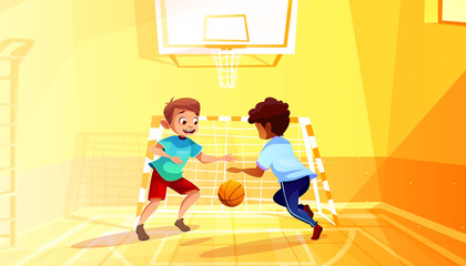 Boys playing basketball vector illustration of black Afro American kid with ball in school gymnasium. Little children in sport hall interior cartoon background