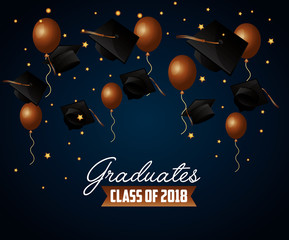 Wall Mural - congratulations graduation brown balloons celebration hats stars background vector illustration