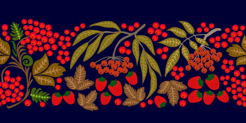 Wall Mural - Wide border with rowan, strawberries and leaves.