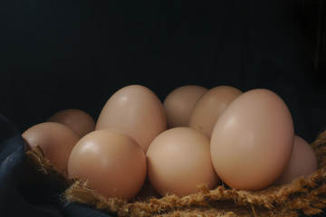 Eggs in a nest on hemp sack, dark corner