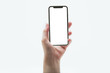 © tope007 - close up hand hold phone isolated on white, mock-up smartphone white color blank screen