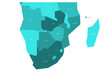 Political map of southern Africa region. Simlified schematic vector map in shades of turquoise blue.