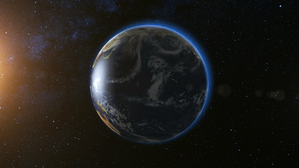Wall Mural - space view on planet earth and sun star rotating on its axis in black universe. seamless loop with d