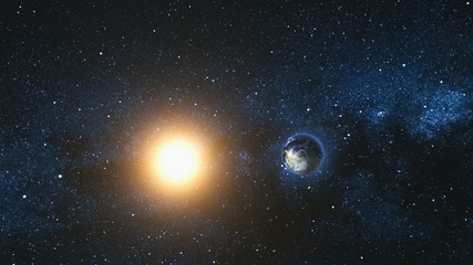 Wall Mural - space view on planet earth and sun star rotating on its axis in black universe. milky way in the bac