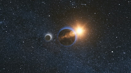 Wall Mural - sunrise view from space on planet earth and moon rotating in space against the background of the sta