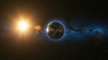 Wall Mural - space view on planet earth and sun star rotating on its axis in black universe. milky way in the bac