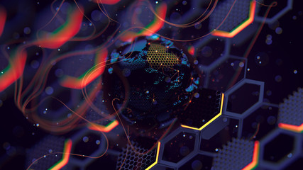 Abstract crypto cyber security technology on global network background. Digital theme. 3D illustration