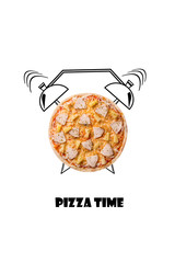 Pizza and alarm clock hand drawn illustration isolated on white background. The inscription Pizza time.