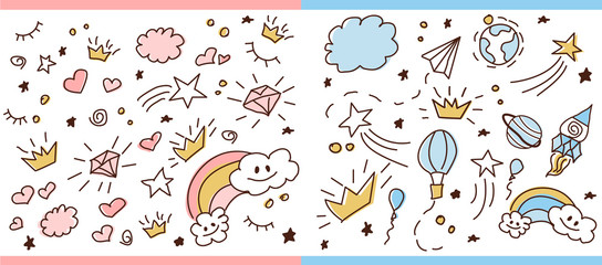 set of doodle seamless pattern. vector background for little prince and princess. cute girlish and b