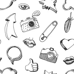 Seamless pattern with various hand-drawn items on a white background.