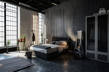 Gloomy modern spacious attic bedroom interior