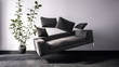 Black sofa and potted plant floating in the air