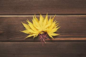 Wall Mural - Autumnal frame for your idea and text. In autumn, yellow leaves fall dry, lined with a fan in the middle on an old wooden board of brown color. Model of autumn. View from above