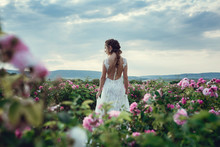 Beautiful Woman In A Floral Park, Garden Roses. Makeup, Hair, A Wreath Of Roses.