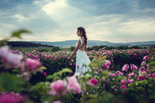 Beautiful Woman In A Floral Park, Garden Roses. Makeup, Hair, A Wreath Of Roses.