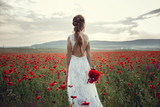 Fototapeta Kuchnia - beauty woman in poppy field in white dress