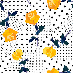 Wall Mural - White seamless pattern with yellow roses and black dots.