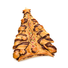 Christmas tree puff pastry and chocolate pie isolated