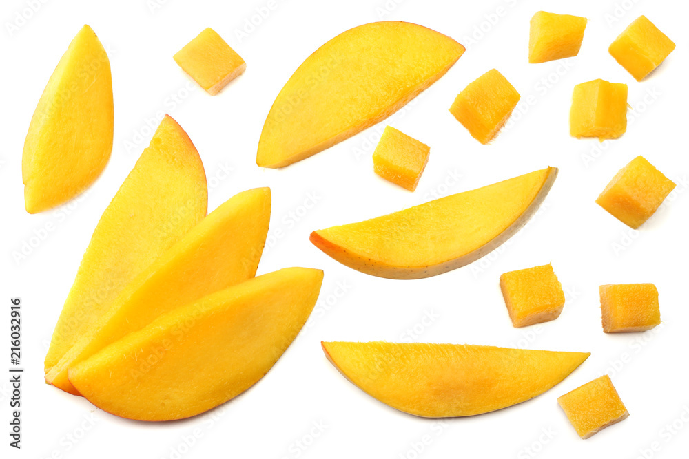 mango slice isolated on white background. healthy food. top view - obrazy, fototapety, plakaty 