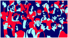 Stylized Silhouette Of Crowd Of People, Casual Mixed Group Of Young Adults Hanging Out, Chatting Or Drinking Gathered For Nightlife Event, Simple Minimal Pop Art Style Flat Design Vector Illustration