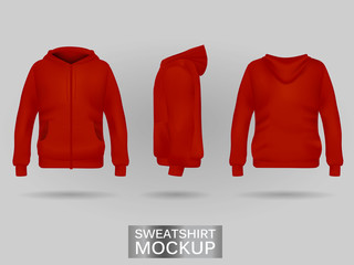 Wall Mural - Red sweatshirt hoodie template in three dimensions: front, side and back view, realistic gradient mesh vector. Clothes for sport and urban style