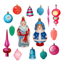 Set Of Cartoon Retro Christmas Tree Decorations From USSR. Soviet Union New Year Icons Isolated On White Background. Colorful Christmas Toys Vector Set.