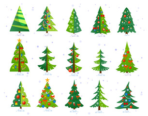 christmas trees icon set isolated on white background. cute christmas trees with toys and snow. new 